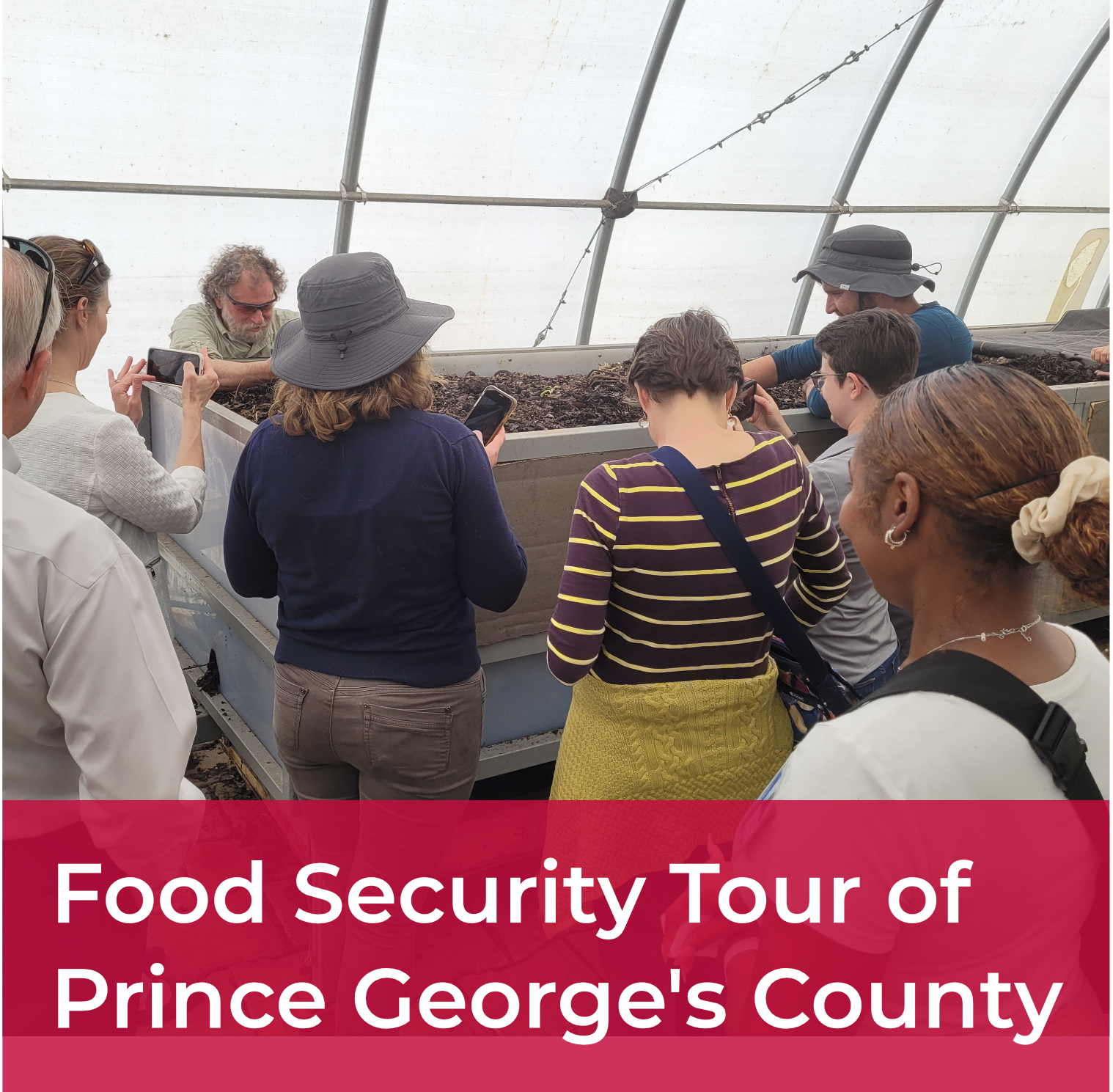 A clickable tile with the words "Food Security Tour of Prince George's County" overlaid on a photo of MDEM staff visiting a farm