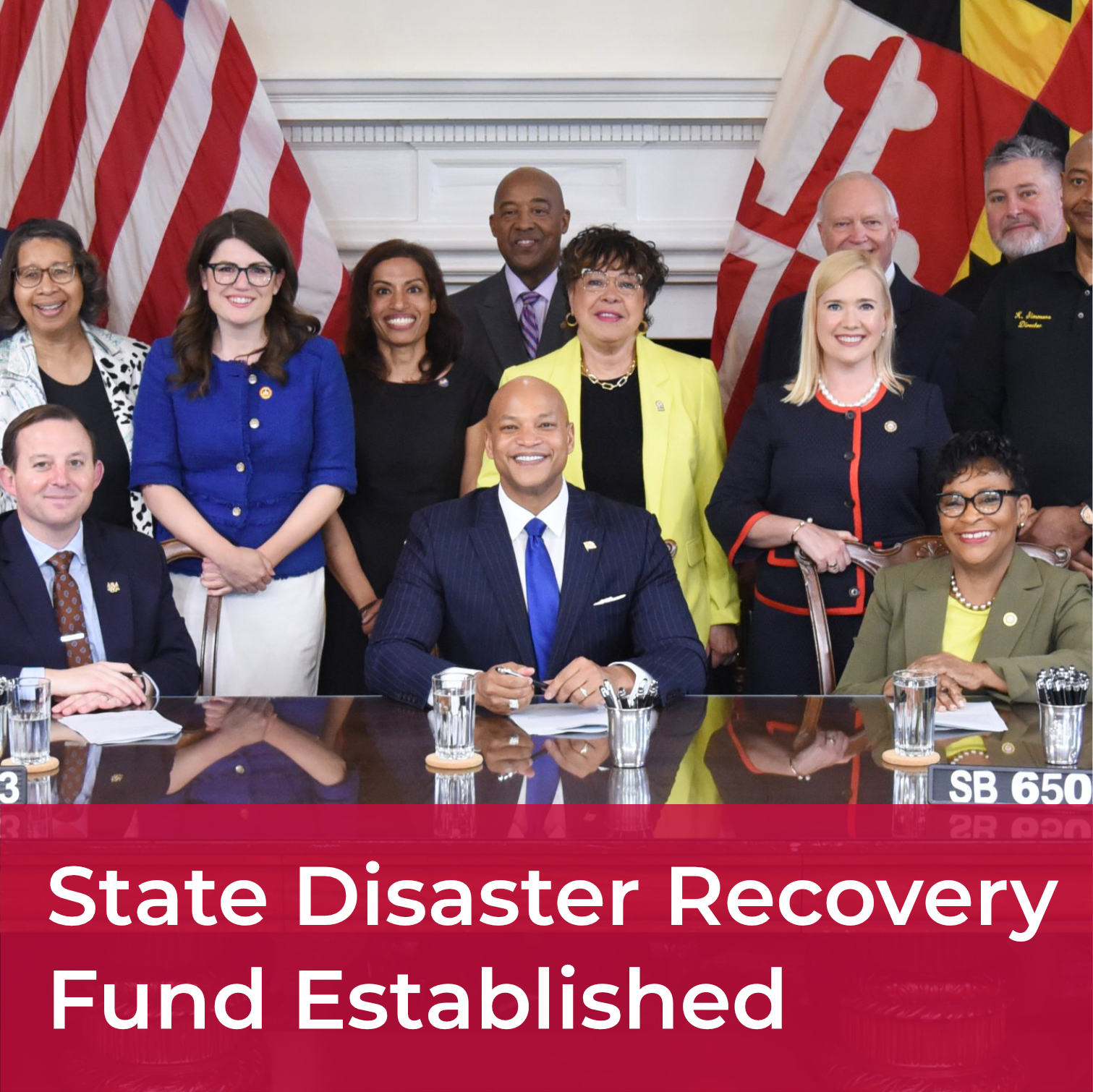 A clickable tile with the words "State Disaster Recovery Fund Established" overlaid on a photo of the bill signing ceremony