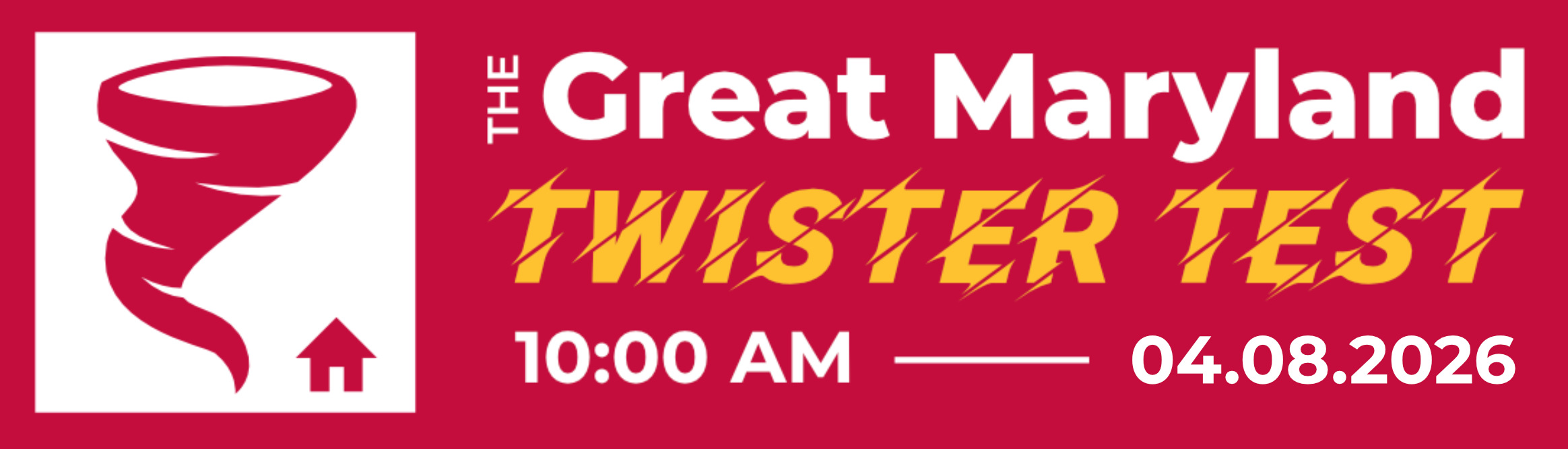 The logo of the Great Maryland Twister Test, a statewide tornado drill. It features an icon of a tornado approaching a house.