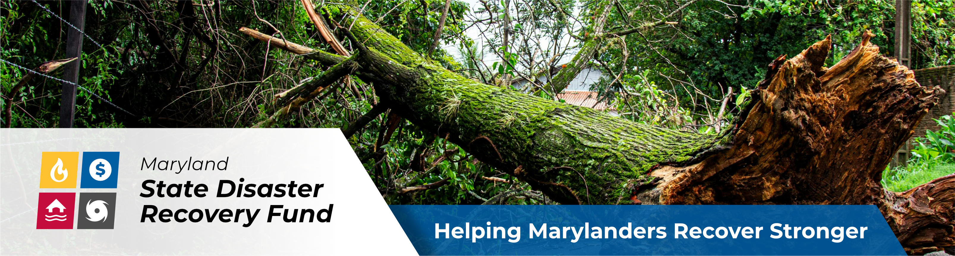 A header image of a tree that has been knocked over during a storm, along with the logo of the State Disaster Recovery Fund and the text, Helping Marylanders Recover Stronger