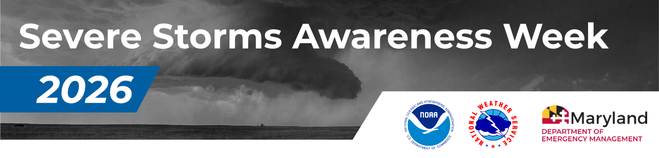 A header image with an image of a hurricane overlaid with the text Severe Storms Week 2026, and the logos of MDEM, the National Oceanic and Atmospheric Administration, and the National Weather Service