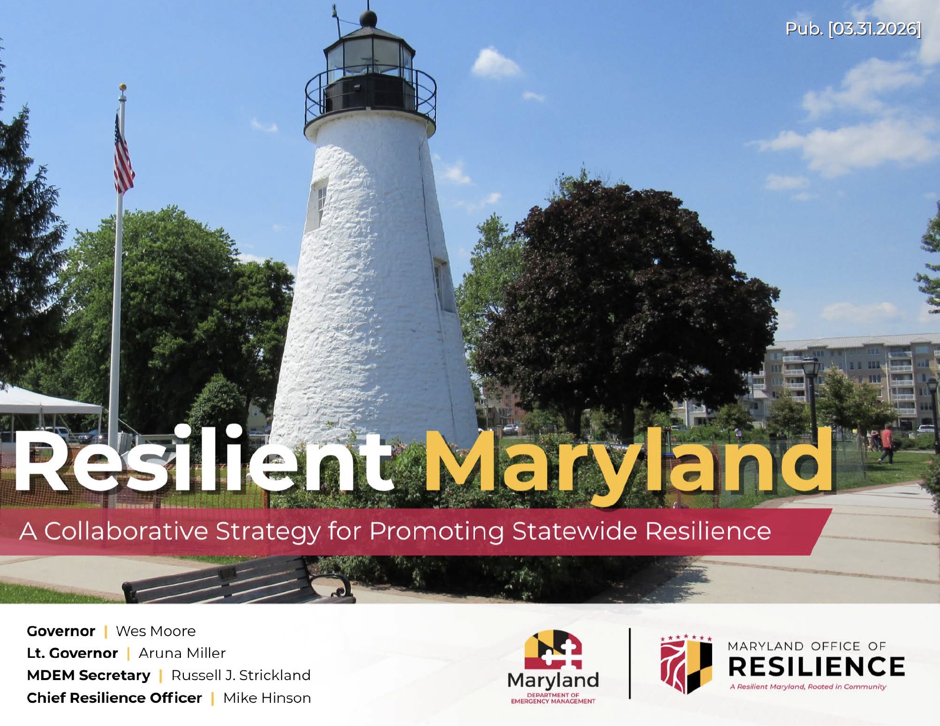 A snapshot of the Resilient Maryland Strategy cover page, featuring a lighthouse and the names of high ranking Maryland officials