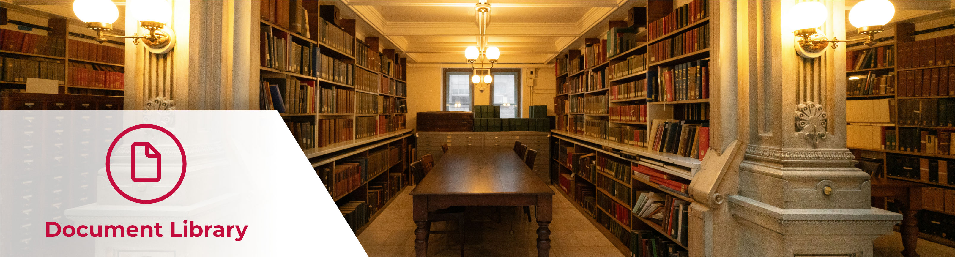 A header image featuring the words 'Document Library' and a document icon overlaid onto a photo of the stacks at the George Peabody Library in Baltimore, Maryland.