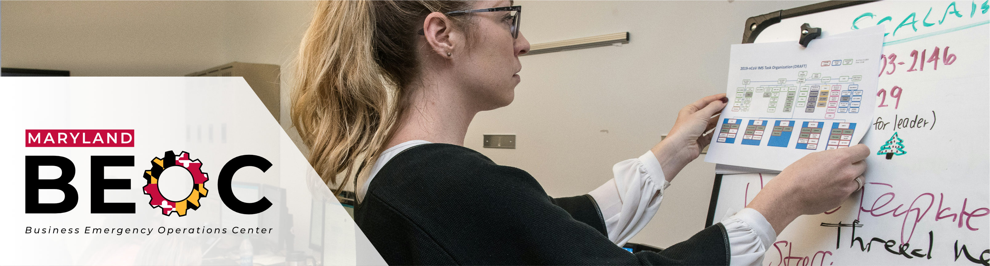 Header image of a person diagramming a coordination strategy on a whiteboard, overlaid with the logo of the Maryland Business Emergency Operations Center