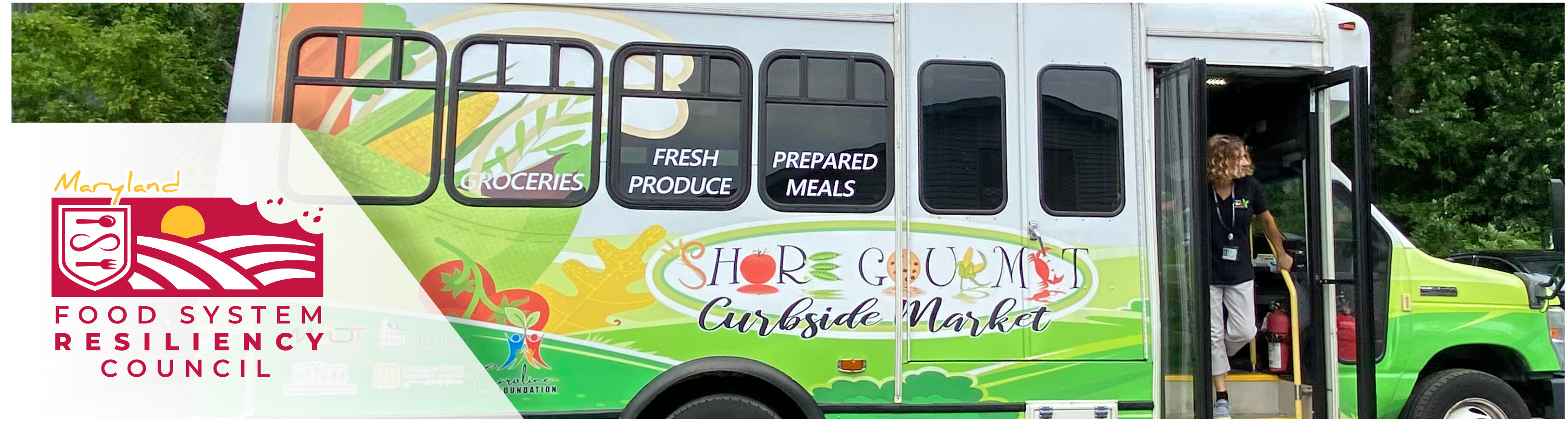 Header image featuring the FSRC logo and a photo of a council member stepping off of a bus designed to be a mobile food market