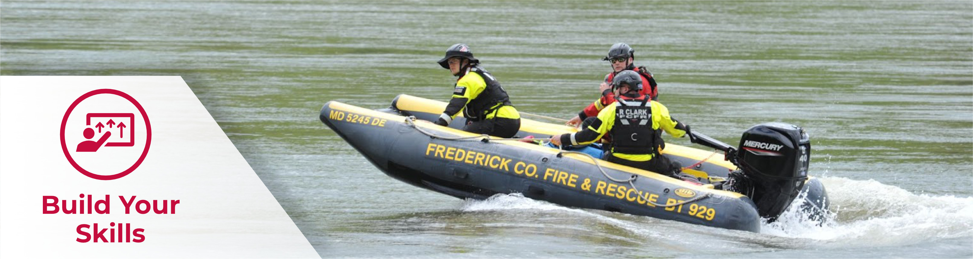 A header that reads "Build Your Skills" with an image of participants driving a rescue boat during a search & rescue exercise